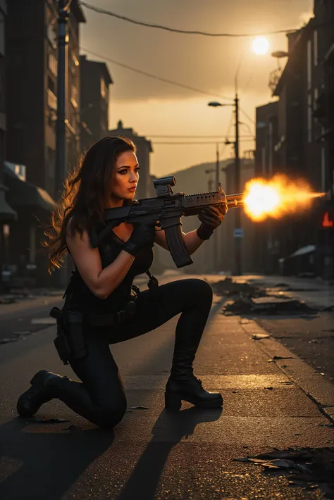 Ultra-realistic, photo-realistic, an ultraattractive woman with very long wavy dark hair, heavy black eye makeup up and wearing an all black SWAT type outfit is engaged in an urban warfare nightmare. The enormous assault rifle she has blasts automatic gunf...