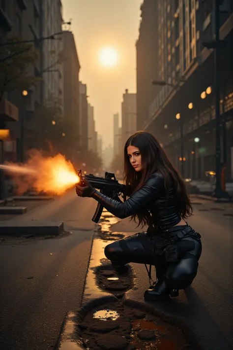 Ultra-realistic, photo-realistic, an ultraattractive woman with very long wavy dark hair, heavy black eye makeup up and wearing an all black SWAT type outfit is engaged in an urban warfare nightmare. The enormous assault rifle she has blasts automatic gunf...