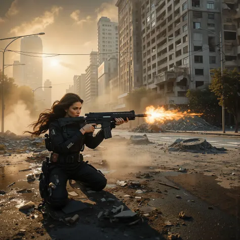 Ultra-realistic, photo-realistic, an ultra attractive woman with very long wavy dark hair, heavy black eye makeup up and wearing an all black SWAT type outfit is engaged in an urban warfare nightmare. The enormous automatic assault rifle she has blasts rou...
