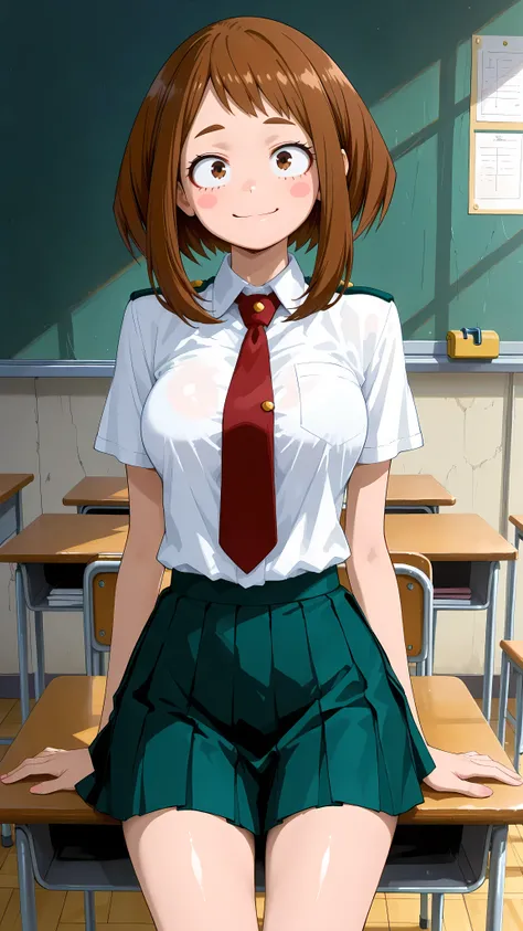 (masterpiece,best quality:1.2,amazing quality,very aesthetic, absurdres, newest), (anime coloring), official style,(uraraka ochako, boku no hero academia ) ,1girl,solo,(ideal ratio body proportions:1.2) ,(skinny),medium breasts, brown hair,smile,school uni...