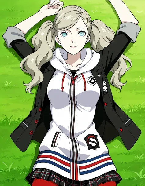 p5ann, takamaki anne, blonde hair, long hair, twintails, swept bangs, hair clip, p5ann-winuni, blazer, black blazer, school emblem, layered clothes, jacket, open jacket, hood, pantyhose, red pantyhose, miniskirt, plaid skirt, hoodie, hood, hood down, shuuj...