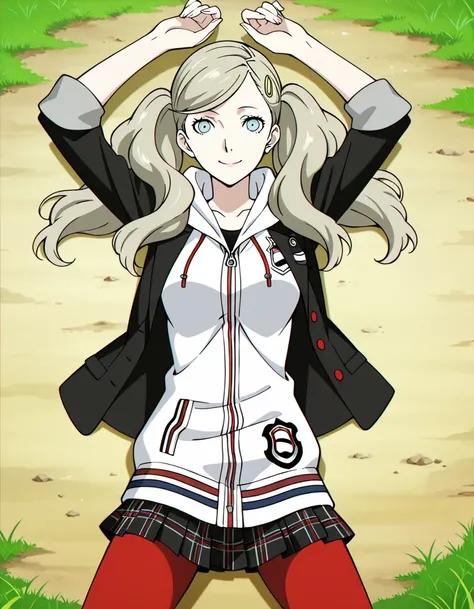 p5ann, takamaki anne, blonde hair, long hair, twintails, swept bangs, hair clip, p5ann-winuni, blazer, black blazer, school emblem, layered clothes, jacket, open jacket, hood, pantyhose, red pantyhose, miniskirt, plaid skirt, hoodie, hood, hood down, shuuj...