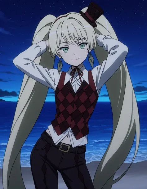 ladylee tangleroad, long hair, blonde hair, twintails, green eyes, anime screencap, hat, navel, jewelry, earrings, vest, mini hat, top hat, belt, shirt, long sleeves, ribbon, white shirt, collared shirt, pants, neck ribbon, checkered clothes, high quality,...