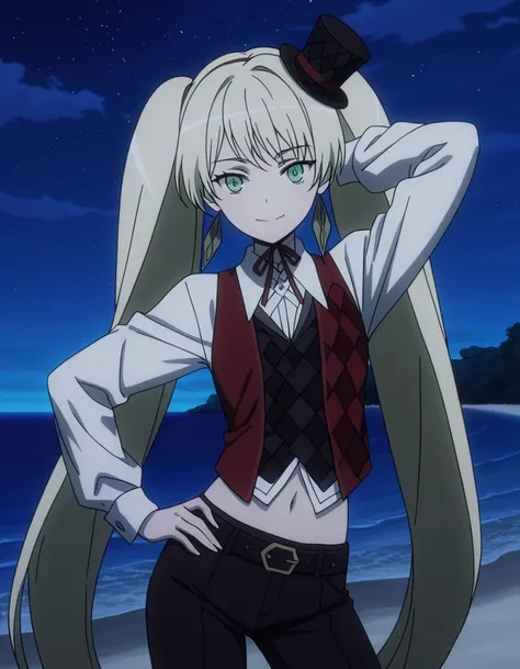 ladylee tangleroad, long hair, blonde hair, twintails, green eyes, anime screencap, hat, navel, jewelry, earrings, vest, mini hat, top hat, belt, shirt, long sleeves, ribbon, white shirt, collared shirt, pants, neck ribbon, checkered clothes, high quality,...