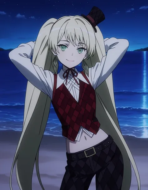 ladylee tangleroad, long hair, blonde hair, twintails, green eyes, anime screencap, hat, navel, jewelry, earrings, vest, mini hat, top hat, belt, shirt, long sleeves, ribbon, white shirt, collared shirt, pants, neck ribbon, checkered clothes, high quality,...