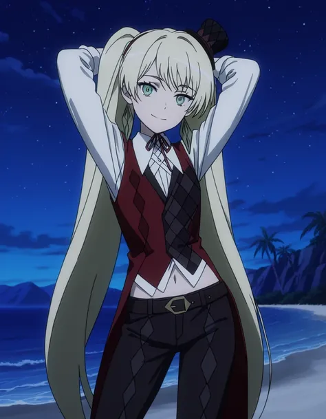 ladylee tangleroad, long hair, blonde hair, twintails, green eyes, anime screencap, hat, navel, jewelry, earrings, vest, mini hat, top hat, belt, shirt, long sleeves, ribbon, white shirt, collared shirt, pants, neck ribbon, checkered clothes, high quality,...