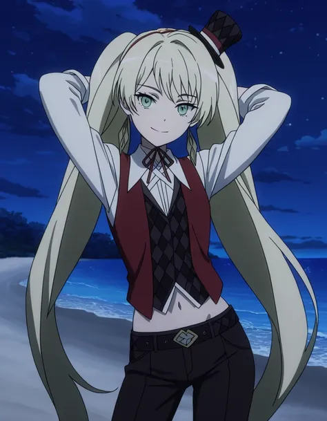 ladylee tangleroad, long hair, blonde hair, twintails, green eyes, anime screencap, hat, navel, jewelry, earrings, vest, mini hat, top hat, belt, shirt, long sleeves, ribbon, white shirt, collared shirt, pants, neck ribbon, checkered clothes, high quality,...