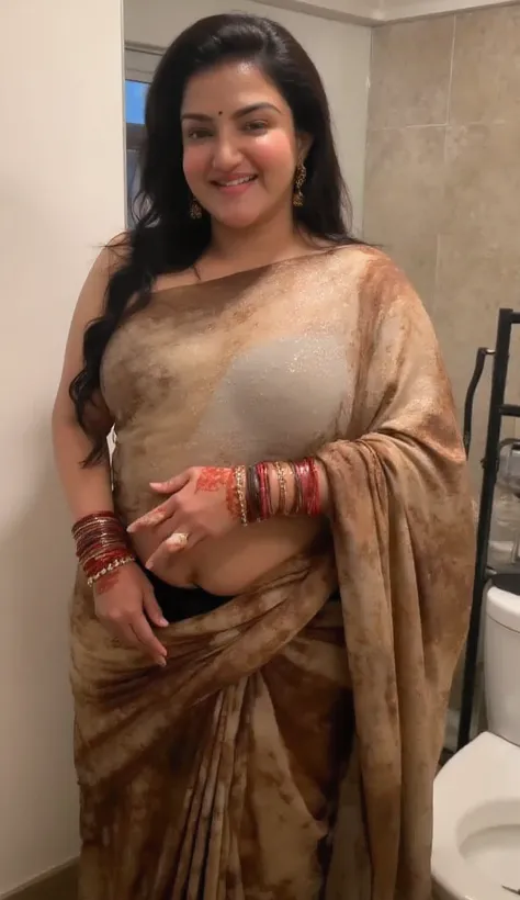 INDIAN MARRIED DESI BHABHI BRIDE , WET , BBW Full wet body picture , wet BBW Fat ass curvy milf woman IS LIFTING HER wet SAREE UP and showing her big curvy big ass in Tiny Black Thong Panty and sexy sleeveless White blouse in many red bangles , earings , l...