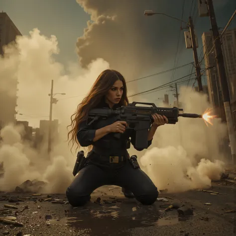Ultra-realistic, photo-realistic, an ultra attractive woman with very long wavy dark hair, heavy black eye makeup up and wearing an all black SWAT type outfit is engaged in an urban warfare nightmare. The enormous automatic assault rifle she has blasts rou...