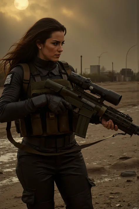 Ultra-realistic, photo-realistic,  a gorgeous, ultraattractive very long dark dark-haired woman who is engaged in a street war, the streets soaked in polluted multicolored liquid that is fizzing glowing toxic waste, run off from a leak at a nuclear plant. ...