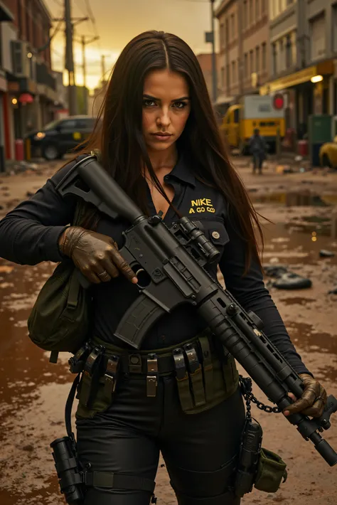 Ultra-realistic, photo-realistic, a gorgeous, ultraattractive very long dark dark-haired woman who is engaged in a street war, the streets soaked in polluted multicolored liquid that is fizzing glowing toxic waste, run off from a leak at a nuclear plant. ...