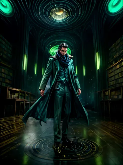 elegant man in a 7/8 long coat and scarf, stands on a circular ground in front of several parallel layers pictures of different times on a different level of a floor, , Wanderer_Library in background, ,iccircuitart, green light blue theme, magical theme, c...