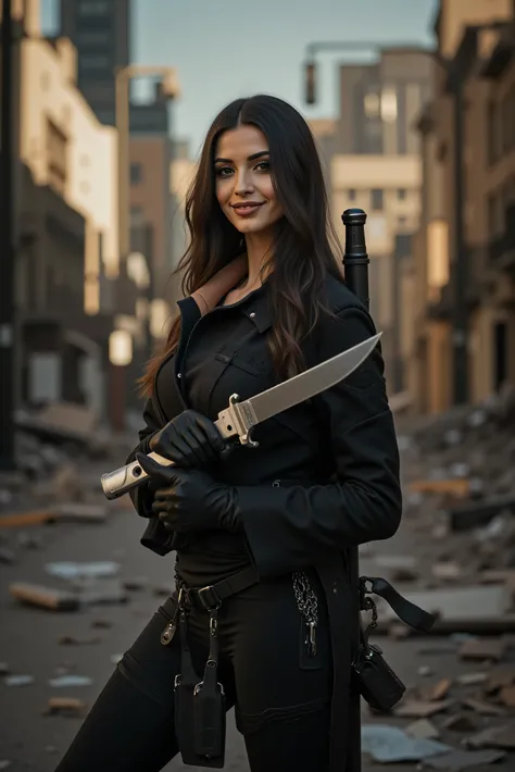 Ultra-realistic, photo-realistic, an ultra attractive woman with very long wavy dark hair, heavy black eye makeup up and wearing an all black SWAT type outfit is engaged in a street war. Perspective: close-up, Macro photography- She has her enormous army ...