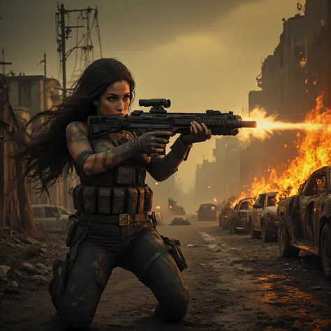 Ultra-realistic, photo-realistic, an ultra attractive woman with very long wavy dark hair, heavy black eye makeup up and wearing an all black SWAT type outfit is engaged in an urban warfare nightmare. The enormous automatic assault rifle she has blasts rou...