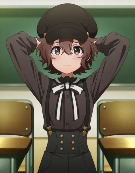 masterpiece, best quality, amazing quality, sara, small breast, short hair, bangs, brown hair, brown eyes, hair between eyes, anime screencap, shirt, hat, ribbon, suspenders, cabbie hat, black shirt, black hat, black pants, black suspenders, high-waist pan...