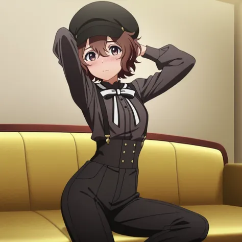 masterpiece, best quality, amazing quality, sara, small breast, short hair, bangs, brown hair, brown eyes, hair between eyes, anime screencap, shirt, hat, ribbon, suspenders, cabbie hat, black shirt, black hat, black pants, black suspenders, high-waist pan...