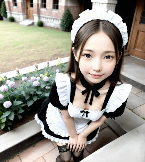 (Biological Corpse Factory)、maids,Look at the audience,(skinny:0.79),(younger:0.82),from above,(medium breasts:0.60),slouching forward,lean forward,Japanese,(Smile Yang:0.47),black lace stockings
