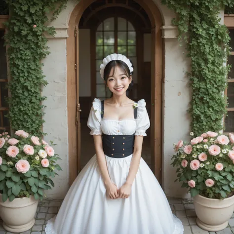 1 girl、maids,Look at the audience,(skinny:1.19),(younger:0.95),from above,lean forward,(big boobs:0.06),Watering flowers outside the mansion,Japanese,(Smile Yang:1.05),black lace stockings