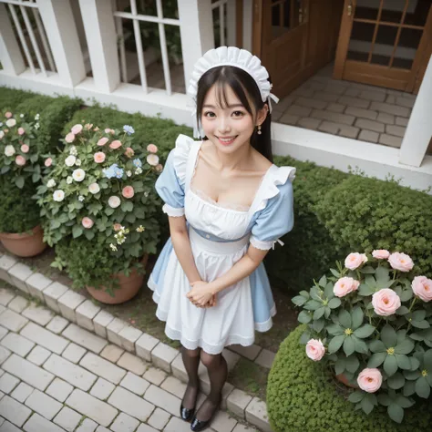 1 girl、maids,Look at the audience,(skinny:1.19),(younger:0.95),from above,lean forward,(big boobs:0.06),Watering flowers outside the mansion,Japanese,(Smile Yang:1.05),black lace stockings