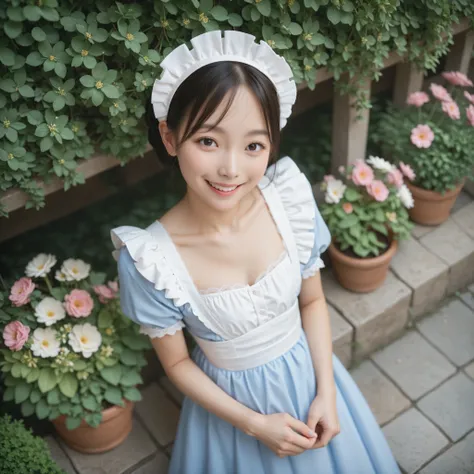 1 girl、maids,Look at the audience,(skinny:1.19),(younger:0.95),from above,lean forward,(big boobs:0.06),Watering flowers outside the mansion,Japanese,(Smile Yang:1.05),black lace stockings