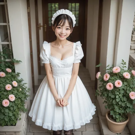 1 girl、maids,Look at the audience,(skinny:1.19),(younger:0.95),from above,lean forward,(big boobs:0.06),Watering flowers outside the mansion,Japanese,(Smile Yang:1.05),black lace stockings