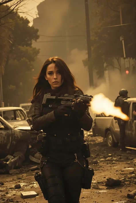 Ultra-realistic, photo-realistic, an ultra attractive woman with very long wavy dark hair, heavy black eye makeup up and wearing an all black SWAT type outfit is engaged in an urban warfare nightmare. The enormous automatic assault rifle she has blasts rou...