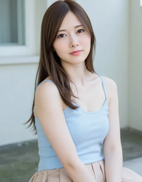 1girl, 20yo, young girl, japanese girl, dark brown long hair, (wearing light blue neat tank top with thin strap, plated mini skirt), open button, unbutton, photo selfie, close up, natural big breasts, skinny, cleavage. leaning on a wall, (one arm crossed),...