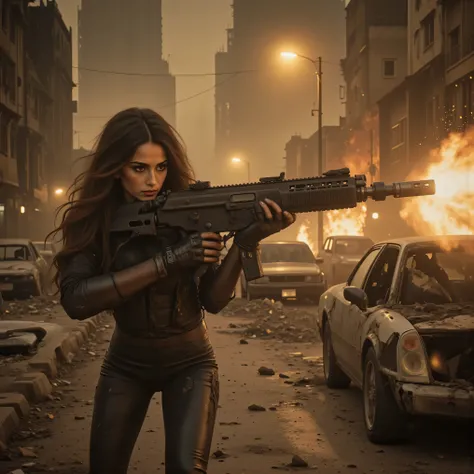 Ultra-realistic, photo-realistic, an ultra attractive woman with very long wavy dark hair, heavy black eye makeup up and wearing an all black SWAT type outfit is engaged in an urban warfare nightmare. The enormous automatic assault rifle she has blasts rou...