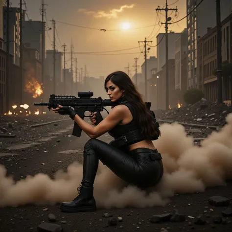 Ultra-realistic, photo-realistic, an ultra attractive woman with very long wavy dark hair, heavy black eye makeup up and wearing an all black SWAT type outfit is engaged in an urban warfare nightmare. The enormous automatic assault rifle she has blasts rou...