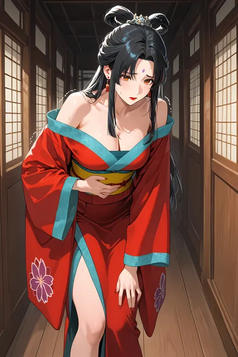 J0ka, orange eyes, black hair, long hair, half updo, hair rings, parted bangs, sidelocks, facial mark, hair ornament, red lipstick,,earrings, cleavage, red kimono, off shoulder, long sleeves, wide sleeves, obi, yellow sash, ,Solo,  general, masterpiece, hi...