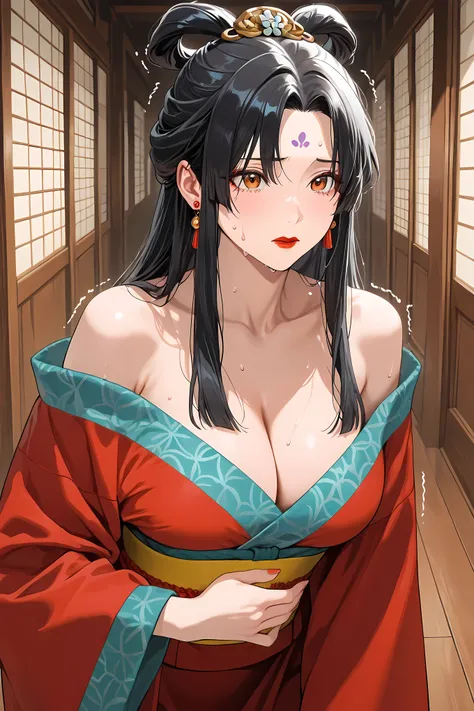 J0ka, orange eyes, black hair, long hair, half updo, hair rings, parted bangs, sidelocks, facial mark, hair ornament, red lipstick,,earrings, cleavage, red kimono, off shoulder, long sleeves, wide sleeves, obi, yellow sash, upper body close up, 

Solo,  ge...