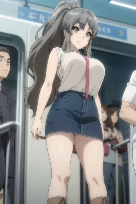 ponytail hair ,long hair,,Smile Yang,college students,in plain clothes,skirt,from below,水色のパンティーが透けて見える開脚してstanding,,sleeveless,A woman with long waves even if she is slender and has big breasts,amazing thighs ,Beautiful legs,boots,Alone,standing,women wai...