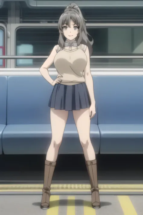 ponytail hair ,long hair，,Smile Yang,college students,in plain clothes,skirt，from below，水色のパンティーが透けて見える開脚してstanding,，sleeveless,A woman with long waves even if she is slender and has big breasts,amazing thighs ，Beautiful legs，boots，Alone，standing，women wai...