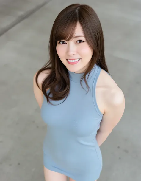 Cross your hands directly behind your head, young woman standing in front, Wear a tight sleeveless, high neck and short length light blue knit dress, Bend forward slightly, flat concrete area. very big breasts, Her hair color is dark brown., long hair, In ...