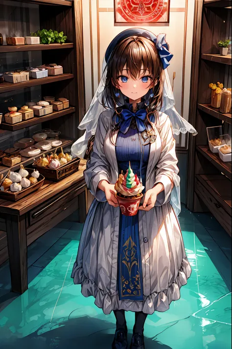 ((((soft serve)))),high school girl, blazer,Veil in the hair,((Fine Dining Shop)),fortune telling after eating, Fortune Teller,(( Fortune Tellerの神秘的な衣装)),((from above:1.2)),high-end restaurant,Late Night,High Quality,4K resolution,HD,extreme detail depicti...