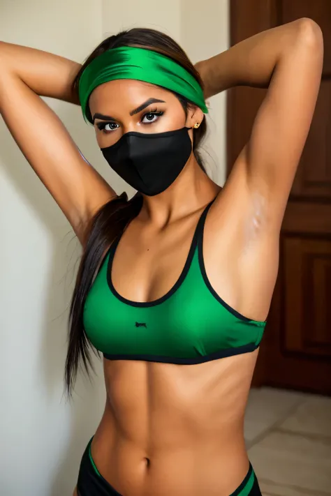 Jade, human woman with wheatish complexion,sleeveless.She has brown eyes and blackish blue clothing. Her hair is blackish brown in color; She is beautiful.Tsundere face.,mature appearance,armpits,sweat,sweaty,sweaty armpits,arms up,showing armpits,awesom...