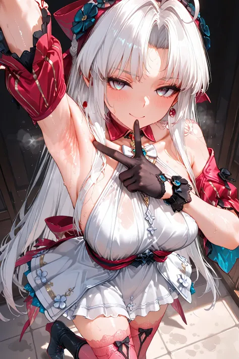 ,Suchwet, ,cute face,smell your armpit,Smelly Armpits 、armpit close-up、 Armpit close-up、sweat springs out of my armpits、Take a close-up shot of the side、、sweaty、carlottavp2, 1girl, solo, white hair, long hair, parted bangs, blue eyes, dress, very long hair...