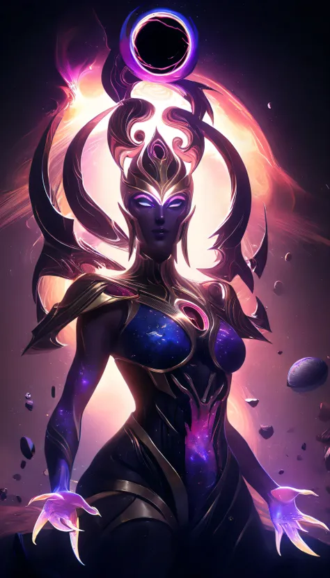 csmicvoid style,hyperdetailed photography,absolutely Epic embodiement of dark void empress,ethereal,cosmic,cinematic,trending,awardwinning,32k,(in the style of aleksi briclot:1.8),(russ mills,ryan hewett:1.5),combat mode,ornaments,glowing eyes,dark,atmosph...