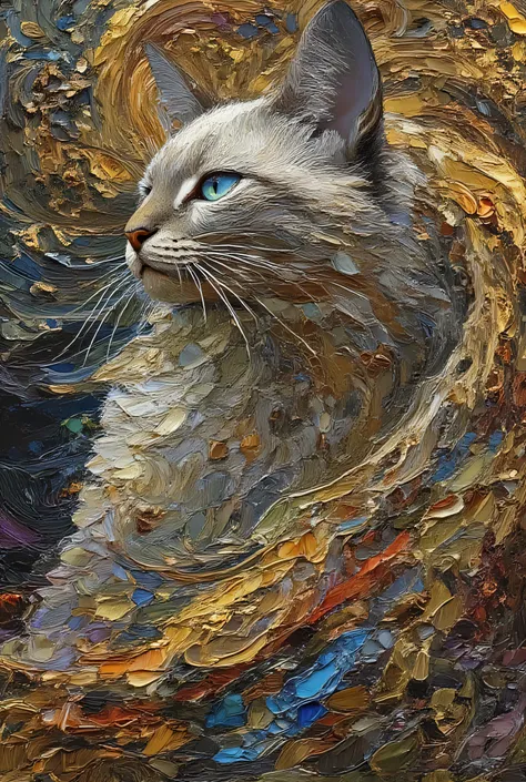 extreme esthetic, mythical style, Fusion of Art Nouveau and Impressionism, impasto style , oil, illustration, wonderful, Cat's anatomically correct, friendly and clear,
Siamese cat profile icon. silver coat and blue eyes. The flowing coat is depicted th...