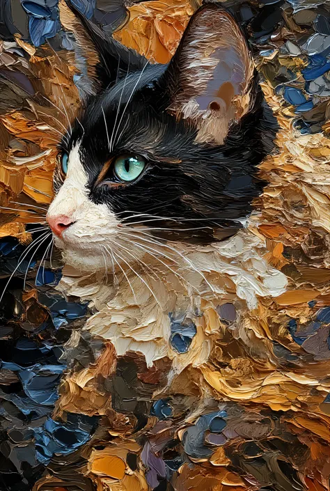 extreme esthetic, mythical style, Fusion of Art Nouveau and Impressionism, impasto style , oil, illustration, wonderful, Cat's anatomically correct, friendly and clear,
Honeywalle cat profile icon. Black and white coat and blue eyes. The flowing coat is...