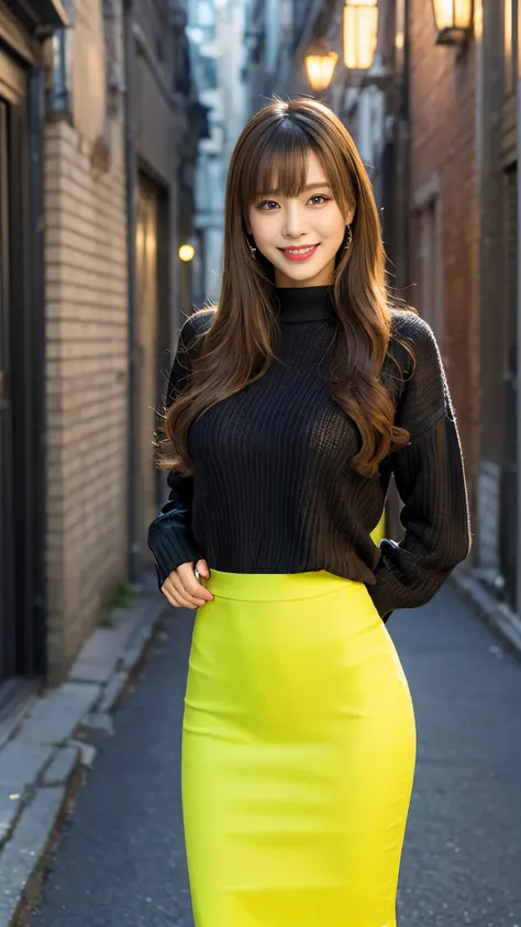 long_lpskirt,(Portrait),(masterpiece, Highest Quality , Ultra High Accuracy),realistic,highly detailed CG,straight long hair with bangs,Eye makeup to lengthen eyelashes,((fitted black sweater)),((fluorescent yellow long skirt)),Beautiful Hip Line,Smile Yan...
