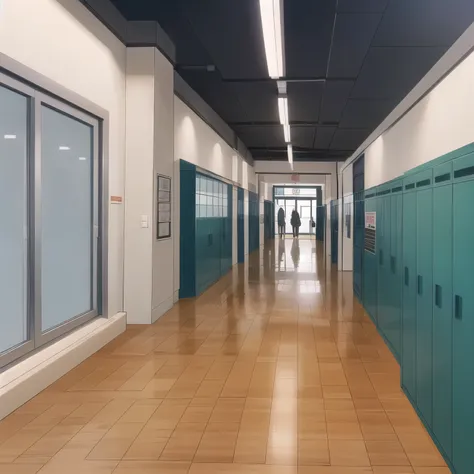 a drawing of a corridor with a line drawing of a corridor, background de ensino médio, Japanese school corridor, school corridor with steel cabinets, classic anime school corridor, escola de anime