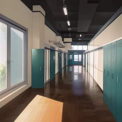 a drawing of a corridor with a line drawing of a corridor, background de ensino médio, Japanese school corridor, school corridor with steel cabinets, classic anime school corridor, escola de anime