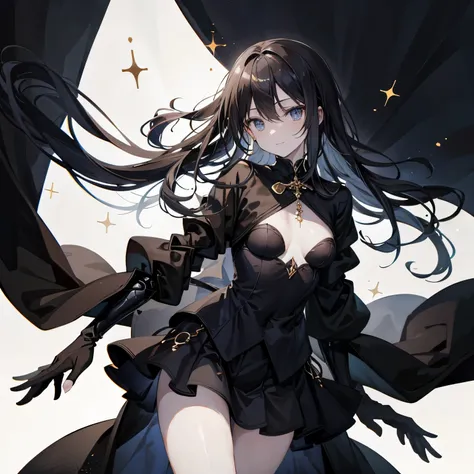 (masutepiece:1.2, Best Quality), (Best Illumination, extremely delicate and beautiful), [(1 girl in:1.5),(choco skin:1.5), smile, (sparkling navy blue eyes:1.3), (black hair:1.5) , flat chest,small stature,slender beauty,(black coat:1.5), (blackskirt:1.5)F...