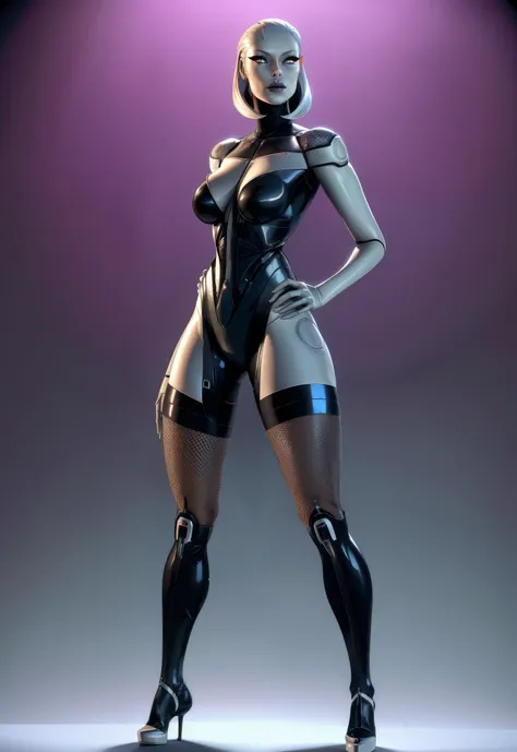 Android, weiblich , sehr sexy, silbergraue Haut.perfekte Figur. Edi. Straight tight standing ,frontal . Fishnet stockings. High Heels. whole body pictured 