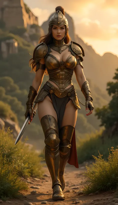 Ancient prehistoric age era, 
Bronze civilization age era, 

((Realistic cinematography ultra wide depth intense realistically ultra-detailed ancient temple angle of scenery)),,the detailed of a paladin female walking body pose,eagerness,vivacity, (the cra...