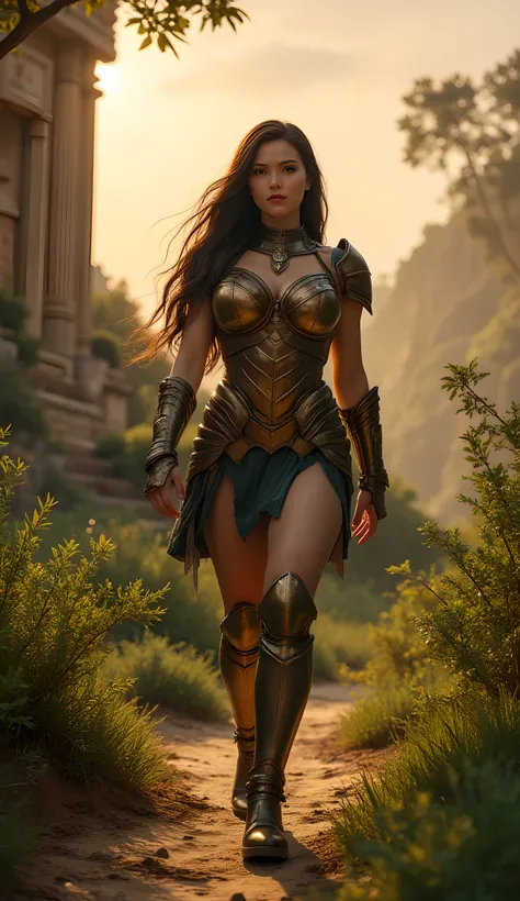 Ancient prehistoric age era, 
Bronze civilization age era, 

((Realistic cinematography ultra wide depth intense realistically ultra-detailed ancient temple angle of scenery)),,the detailed of a paladin female walking body pose,eagerness,vivacity, (the cra...