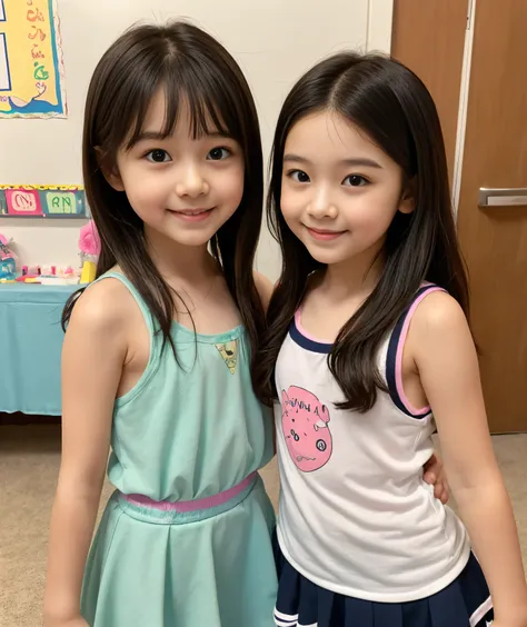 ((super cute and popular idols、very cute in the store, Little elementary school girls fit perfectly))、(masterpiece). perfect , beautiful, Lovely, seductive 'smile、((2 high-definition Full Body small photos of 2 people in 1))、((short haired idol pose))、...