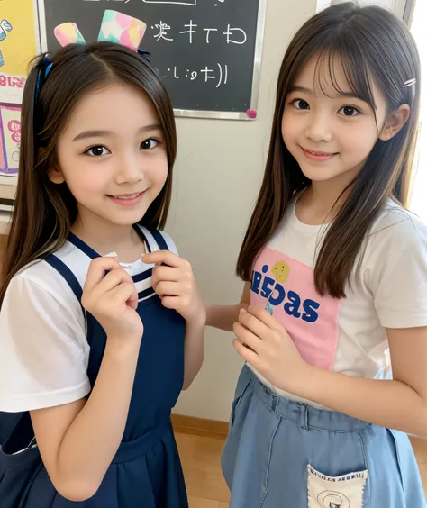 ((super cute and popular idols、very cute in the store, Little elementary school girls fit perfectly))、(masterpiece). perfect , beautiful, Lovely, seductive 'smile、((2 high-definition Full Body small photos of 2 people in 1))、((short haired idol pose))、...