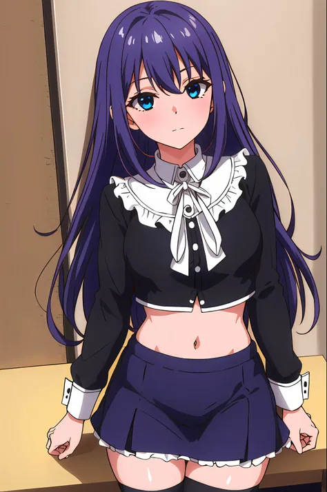 masterpiece, best quality, high resolution, tank, detailed background, cinematic lighting, dynamic angle, Hoshizuki Kaede, one girl, Purple Hair, Alone,  breasts, looking at the viewer, short hair, open-mouthed, blue eyes, neckline,  breasts medianos, shor...